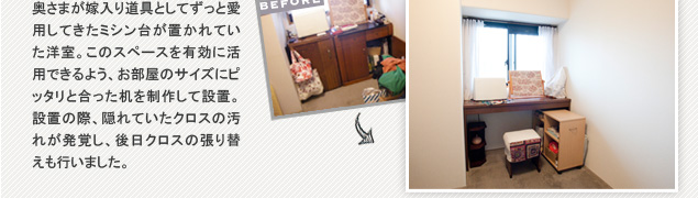 �����܂��œ��蓹��Ƃ��Ă����ƈ��p���Ă����~�V���䂪�u����Ă����m���B���̃X�y�[�X��L���Ɋ��p�ł���悤�A�������̃T�C�Y�Ƀs�b�^���ƍ��������𐧍삵�Đݒu�B�ݒu�̍ہA�B��Ă����N���X�̉��ꂪ���o���A����N���X�̒���ւ����s���܂����B