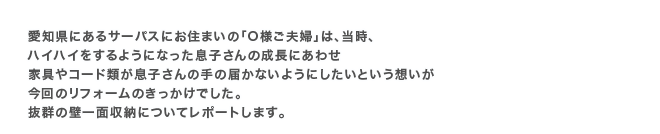 ���m���ɂ���T�[�p�X�ɂ��Z�܂��́uO�l���v�w�v�́A�����A�n�C�n�C������悤�ɂȂ������q����̐����ɂ��킹�Ƌ��R�[�h�ނ����q����̎�̓͂��Ȃ��悤�ɂ������Ƃ����z��������̃��t�H�[���̂��������ł����B���Q�̕ǈ�ʎ��[�ɂ��ă��|�[�g���܂��B