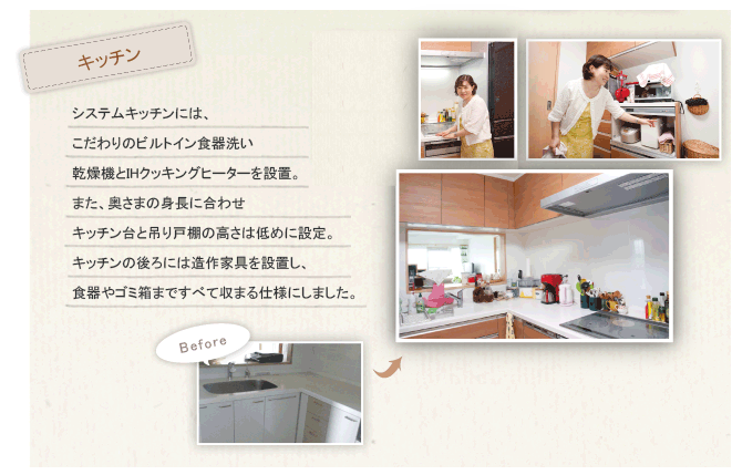 �L�b�`���@�V�X�e���L�b�`���ɂ́A�������̃r���g�C���H��􂢊����@��IH�N�b�L���O�q�[�^�[��ݒu�B�܂��A�����܂̐g���ɍ��킹�L�b�`����ƒ݂�˒I�̍����͒�߂ɐݒ�B
�L�b�`���̌��ɂ͑���Ƌ��ݒu���A�H���S�~���܂ł��ׂĎ��܂�d�l�ɂ��܂����B