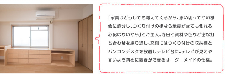 �u�Ƌ�͂ǂ����Ă������Ă��邩��A�v���؂��Ă��̋@��ɏ������A����t���̒I�Ȃ�n�k�����Ă��|���S�z�͂Ȃ�����v�Ƃ���l�B���c�Ǝ��ނ�F�Ȃǖ��ȑł����킹���J��Ԃ��A�����ɂ͂���t���̎��[�I�ƃp�\�R���f�X�N��ݒu���e���r��ɁB�e���r�������₷���悤�΂߂ɒu�����ł���I�[�_�[���C�h�̎d�l�B