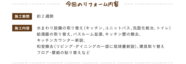 �{�H���ԁF��Q�T�ԁ@�{�H���e�F���܂��ݔ��̎��ւ��i�L�b�`���A���j�b�g�o�X�A���ʉ��ϑ�A�g�C���j�A������̎��ւ��A�o�X���[���g���A�L�b�`���ǂ̓P���A�L�b�`���J�E���^�[�V�݁A�a���P���i���r���O�E�_�C�j���O�̈ꕔ�ɗ������V�݁j�A������ւ��A�t���A�E�ǎ��̓\��ւ��Ȃ�