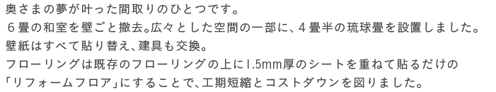 �����܂̖����������Ԏ��̂ЂƂł��B�U��̘a����ǂ��ƓP���B�L�X�Ƃ�����Ԃ̈ꕔ�ɁA�S�����̗������ݒu���܂����B�ǎ��͂��ׂē\��ւ��A����������B�t���[�����O�͊����̃t���[�����O�̏��1.5mm���̃V�[�g���d�˂ē\�邾���́u���t�H�[���t���A�v�ɂ��邱�ƂŁA�H���Z�k�ƃR�X�g�_�E����}��܂����B