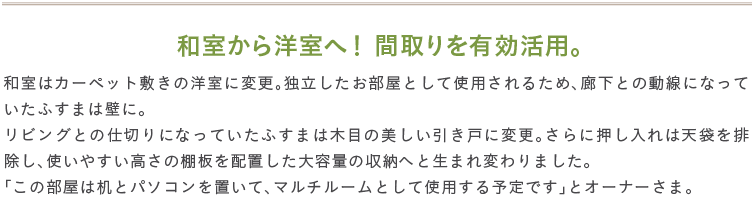 �a������m���ցI �Ԏ���L�����p�B�a���̓J�[�y�b�g�~���̗m���ɕύX�B�Ɨ������������Ƃ��Ďg�p����邽�߁A�L���Ƃ̓����ɂȂ��Ă����ӂ��܂͕ǂɁB���r���O�Ƃ̎d�؂�ɂȂ��Ă����ӂ��܂͖ؖڂ̔����������˂ɕύX�B����ɉ�������͓V�܂�r�����A�g���₷�������̒I��z�u������e�ʂ̎��[�ւƐ��܂�ς��܂����B�u���̕����͊��ƃp�\�R����u���āA�}���`���[���Ƃ��Ďg�p����\��ł��v�ƃI�[�i�[���܁B