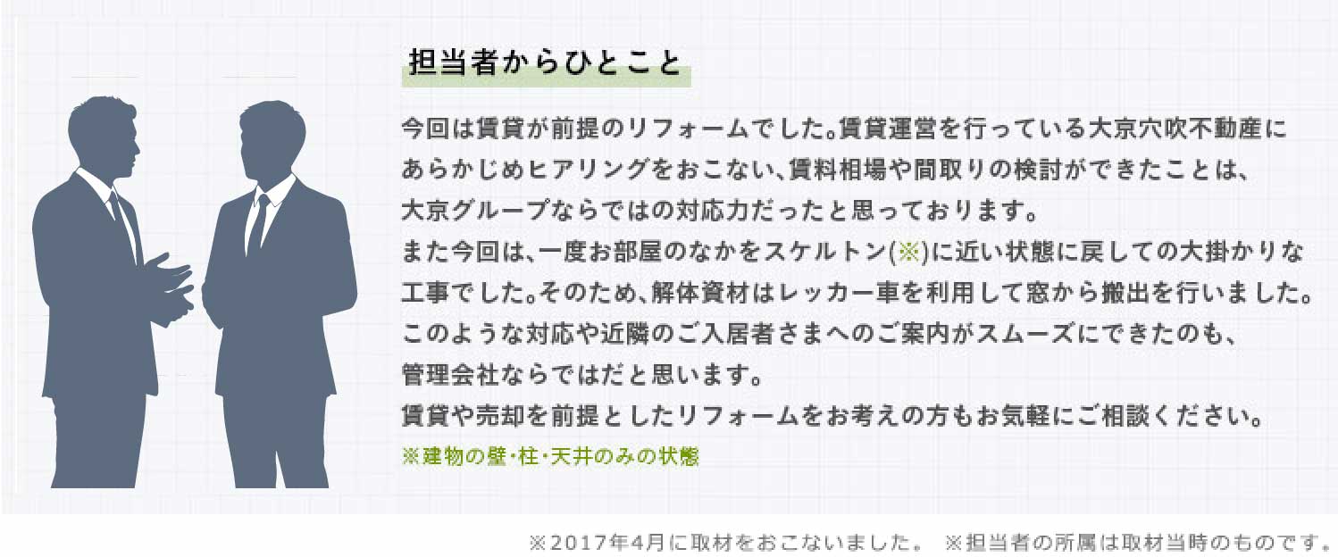 ����͒��݂��O��̃��t�H�[���ł����B���݉^�c���s���Ă���勞�����s���Y�ɂ��炩���߃q�A�����O�������Ȃ��A���������Ԏ��̌������ł������Ƃ́A�勞�O���[�v�Ȃ�ł͂̑Ή��͂������Ǝv���Ă���܂��B�܂�����́A��x�������̂Ȃ����X�P���g��(��)�ɋ߂���Ԃɖ߂��Ă̑�|����ȍH���ł����B���̂��߁A��̎��ނ̓��b�J�[�Ԃ𗘗p���đ�������o���s���܂����B���̂悤�ȑΉ���ߗׂ̂������҂��܂ւ̂��ē����X���[�Y�ɂł����̂��A�Ǘ���ЂȂ�ł͂��Ǝv���܂��B���݂┄�p��O��Ƃ������t�H�[�������l���̕������C�y�ɂ����k���������B�������̕ǁE���E�V��݂̂̏��