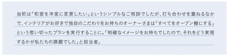 �����́u�a����m���ɕύX�������v�Ƃ����V���v���Ȃ����k�ł������A�ł����킹���d�˂�Ȃ��ŁA�C���e���A�����D���œƎ��̂��������������̃I�[�i�[���܂́u���ׂĂ��I�[�v���I�ɂ���v�Ƃ����v���؂����v���������s���邱�ƂɁB�u���m�ȃC���[�W���������ł����̂ŁA������ǂ��������邩���������̉ۑ�ł����v�ƒS���ҁB